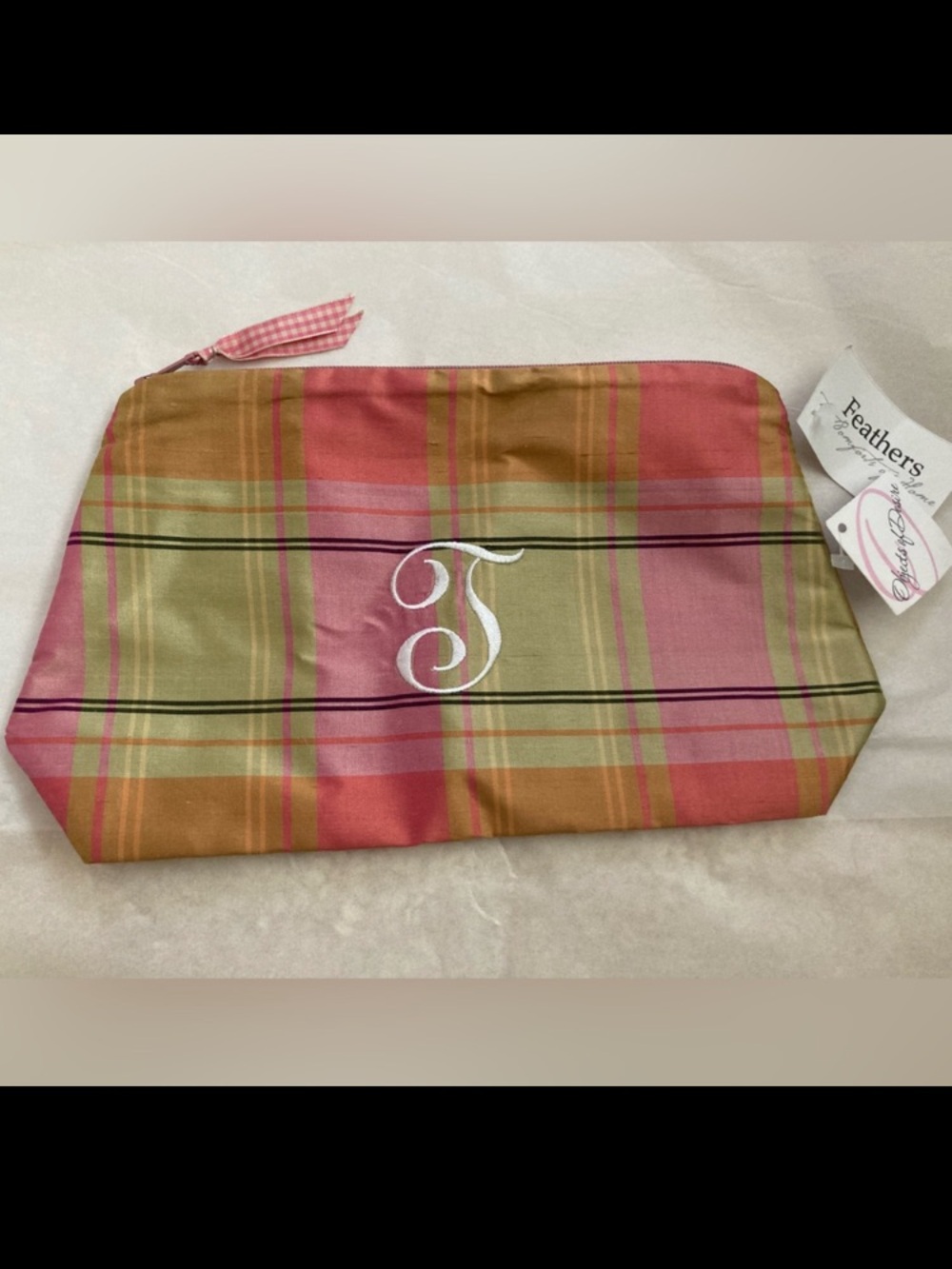 NWT “J” Plaid zip pouch cosmetic bag embroidered monogram Pink Sage Green